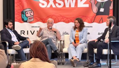 The United States Conference of Mayors Assistant Executive Director Sly Majid (left), Austin Mayor Kirk Watson (center left), Knoxville, Tenn., Mayor Indya Kincannon (center right) and Tuscaloosa, Ala., Mayor Walt Maddox on a panel at South by Southwest on Friday, March 13, 2026. (Spectrum News 1/Katharine Finnerty)