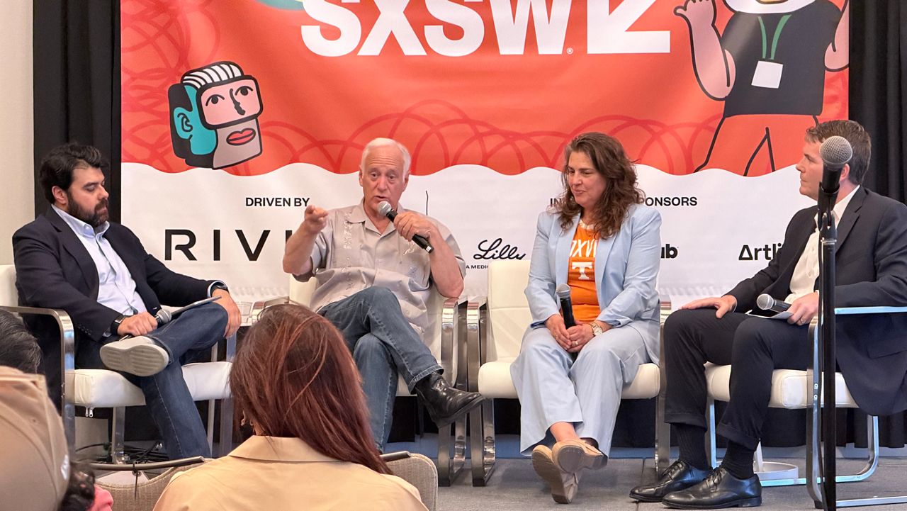 The United States Conference of Mayors Assistant Executive Director Sly Majid (left), Austin Mayor Kirk Watson (center left), Knoxville, Tenn., Mayor Indya Kincannon (center right) and Tuscaloosa, Ala., Mayor Walt Maddox on a panel at South by Southwest on Friday, March 13, 2026. (Spectrum News 1/Katharine Finnerty)