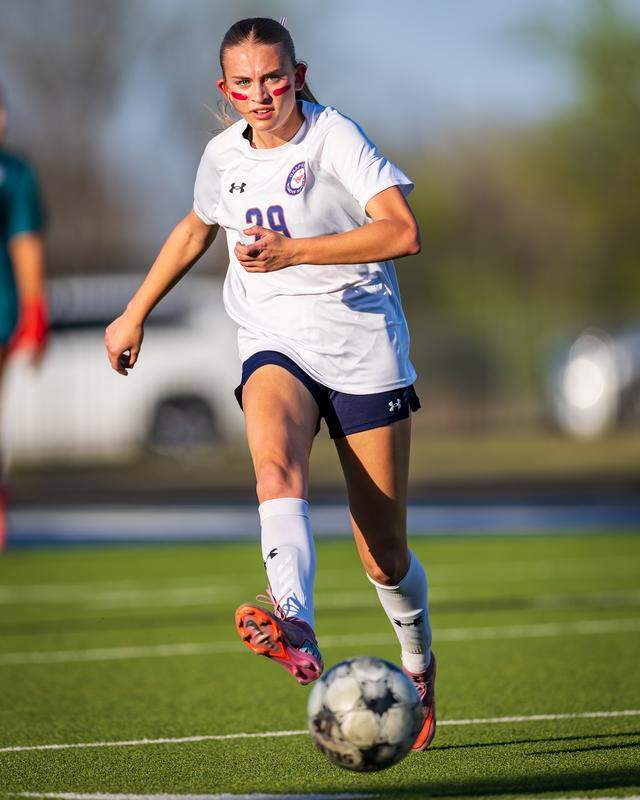 Grapevine’s Claire Jenkins (29) charges down the pitch against Joshua in a Class 5A Division 2 area-round match on Tuesday, March 24, 2026 at Brewer High School in Fort Worth, Texas.