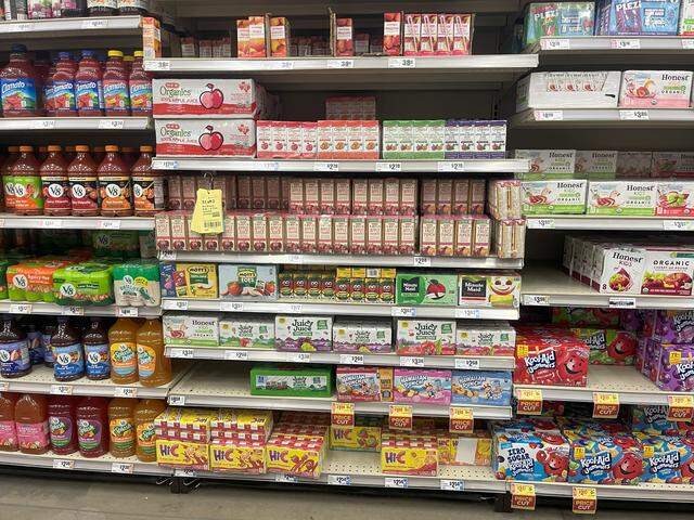Juice box options at H-E-B in Fort Worth on Aug. 14, 2025.