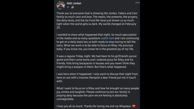 Riley Jordan’s mom, Kelli Jordan, shared this statement.
