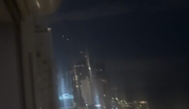 Photo of Israel horizon with four light source, appear to be missiles or a defense system firing.