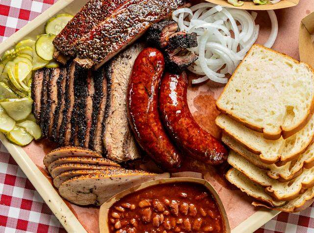 A combo platter at Goldee’s BBQ near Fort Worth.
