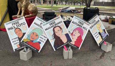 Posters supporting the Prairieland Defendants outside the courthouse in Fort Worth, Texas.