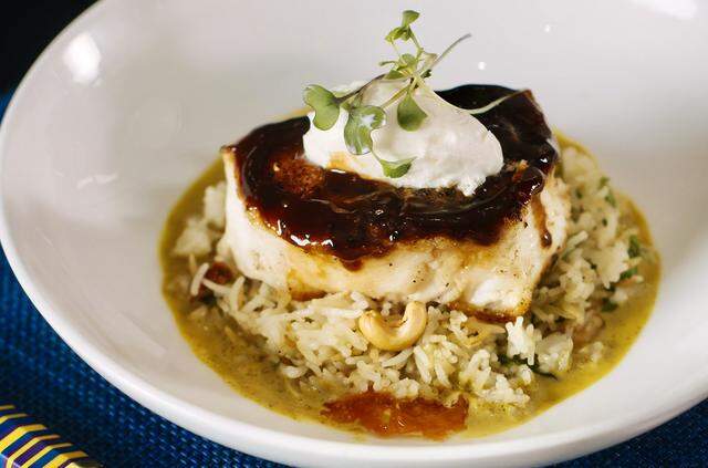 Ginger-miso sea bass on basmati rice at Wicked Butcher in Fort Worth.