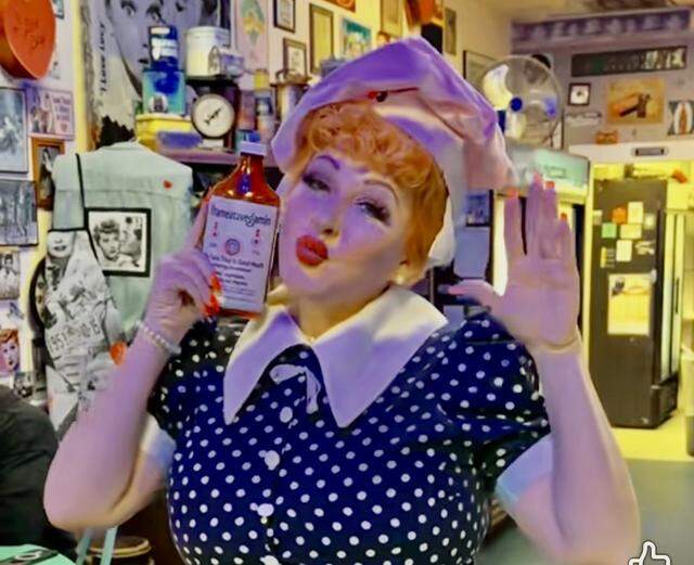 Celebrity tribute artist Rhonda Medina on a January 2026 visit to Bluebonnet Cafe in Haltom City, Texas, the “I Love Lucy Cafe.”