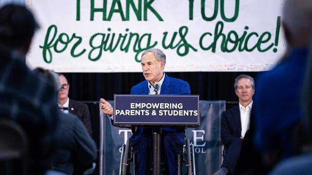 Texas Governor Greg Abbott speaks to a group of event attendees for his Parent Empowerment Night event where he advocated for school choice and vouchers at Temple Christian School in Fort Worth on Thursday, March 6, 2025.