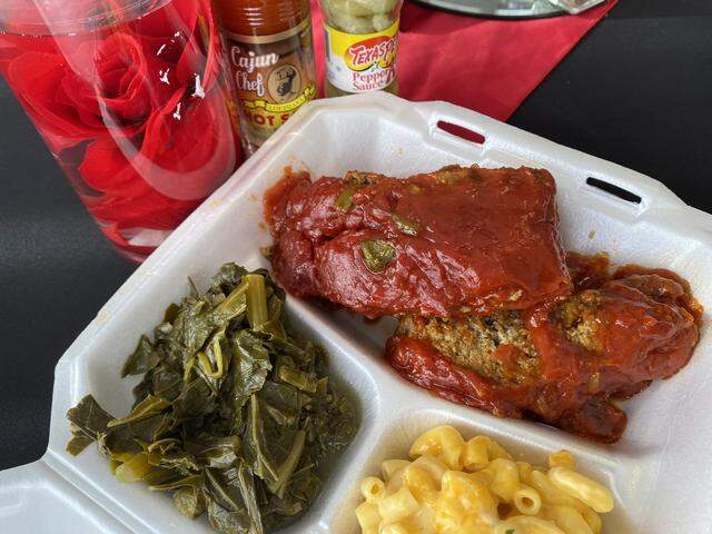 Meatloaf, greens and macaroni and cheese at Nana's Kitchen in Fort Worth.
