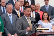 U.S. Rep. Tony Gonzales, R-San Antonio, speaks at a news conference on the steps of the...