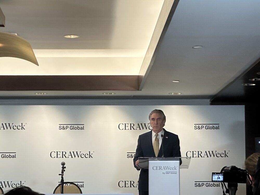 U.S. Secretary of the Interior Doug Burgum addresses reporters at CERAWeek by S&P Global on Monday, March 23, 2026.