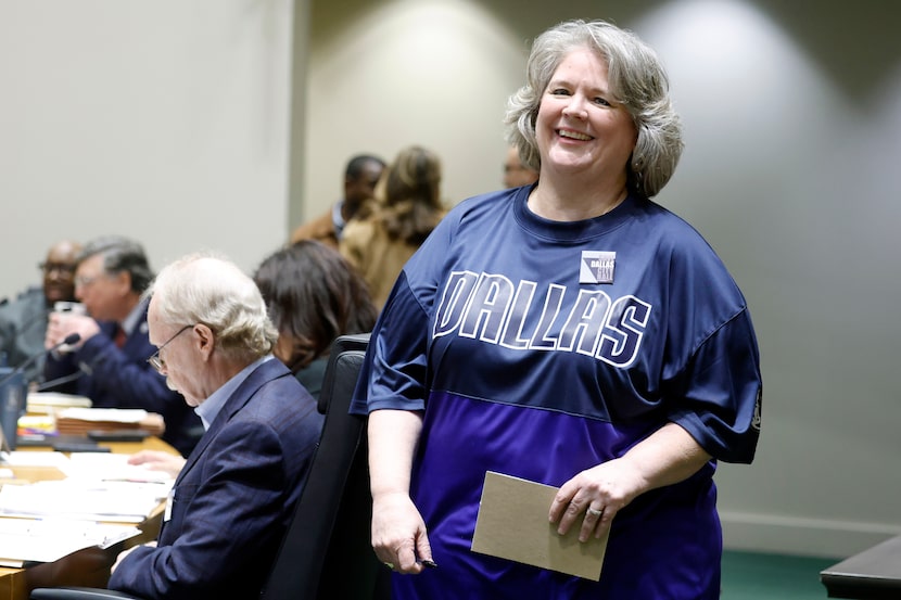 Dallas Council Member Cara Mendelsohn wore a Dallas Mavericks shirt to the Economic...