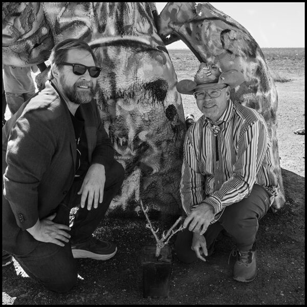 A black and white photograph of artists Jon Revett and Matthew Williams.