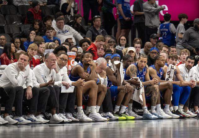 Kansas Head Coach Bill Self and the Kansas Jayhawks look defected as the team was defeated by Houston,  69-47, at the Big 12 Men's Basketball Tournament at T-Mobile Center on Friday, March 13, 2026, in Kansas City. Houston defeated Kansas, 69-47. 