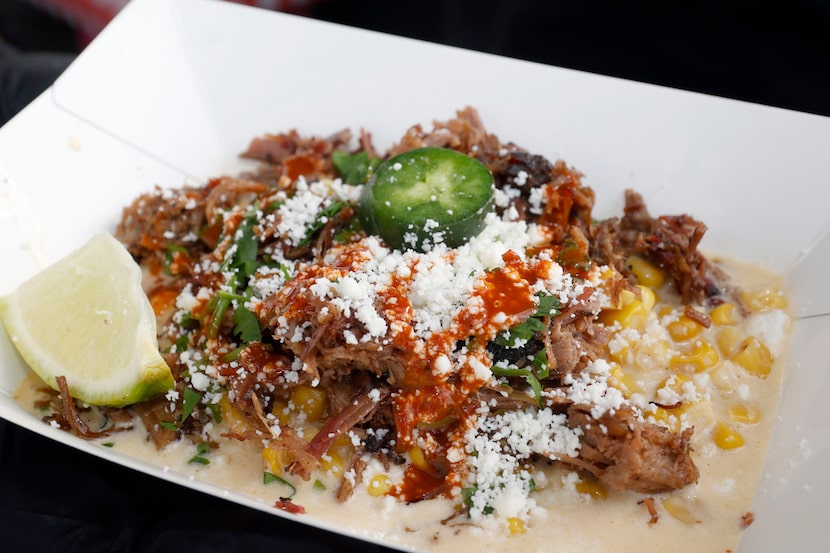 Brisket Elotes Cup is seen at the booth of Panther City BBQ from Fort Worth during Lone Star...