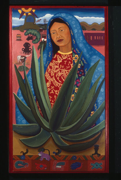 A painting featuring a the Virgin of Guadalupe in a desert scene.