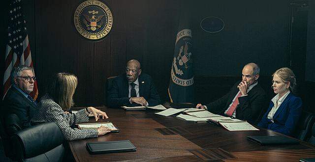 L-R Bruce McGill as NSA Chief Damian Hollar, Jennifer Ehle as Chief of Staff Mason, Morgan Freeman as Secretary of State Mullins, Michael Kelly as Bryon Westfield and Nicole Kidman as Kaitlyn Meade in “Lioness”, episode 1, season 2, streaming on Paramount+, 2024.