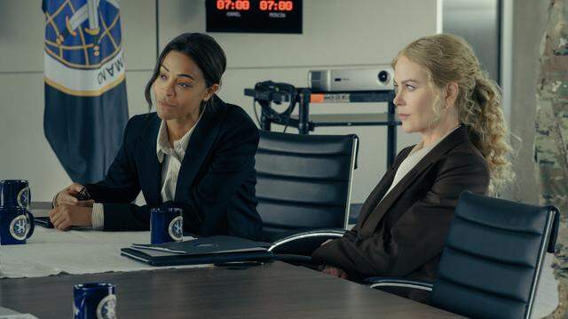 L-R Zoe Saldana as Joe and Nicole Kidman as Kaitlyn Meade in “Lioness,” episode 2, season 2, streaming on Paramount+, 2024.