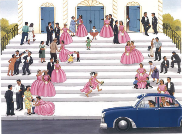 A painting of several young girls wearing in pink dresses and standing on the stairs outside of a church with their families around them.