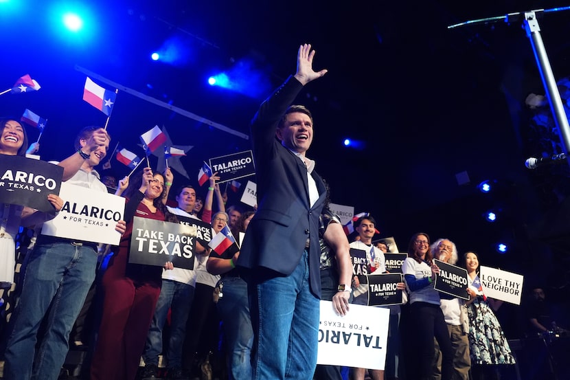 Texas Democratic Senate candidate Texas state Rep. James Talarico, D-Austin, waves before...