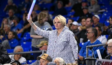Deb Insell celebrates an MTSU bucket during a second round WNIT tournament against St. Bonaventure on March 23, 2026.