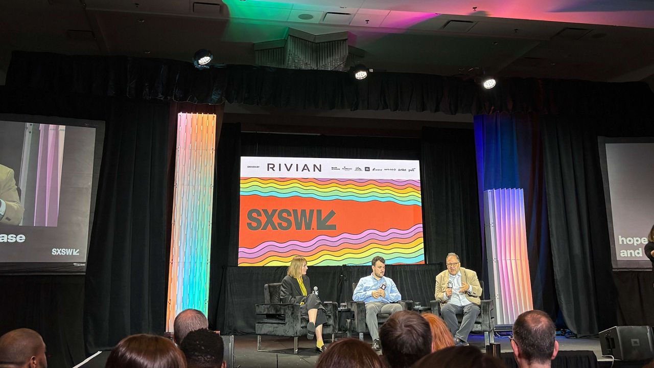 Mahmoud Khalil (center) and his lawyer Baher Azmy (right) speak at a South by Southwest Conference and Festival panel moderated by Guardian editor Betsy Reed on Sunday March 15, 2026. (Spectrum News 1/Eleanor Fitzgerald)
