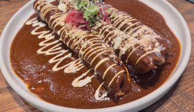 Close up of Milagro tacos cantina chicken taquitos in a mole sauce