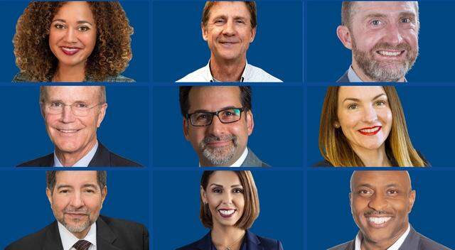 A nine-person Board of Managers is replacing Fort Worth ISD’s elected school board members, starting on March 24, 2026. They are, top row from left: Courtney Lewis, Frost Prioleau and Tennessee Walker; middle: Pete Geren, Bobby Ahdieh and Laurie George; bottom: Luis A. Galindo, Rosa Maria Berdeja and Jay Stegall.