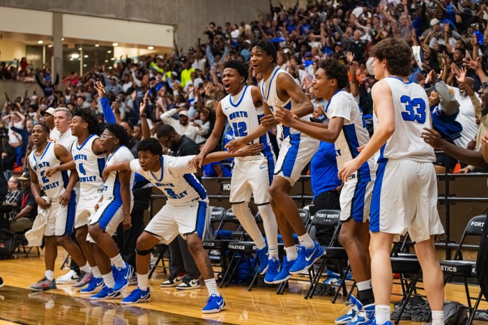 North Crowley players celebrate on the bench