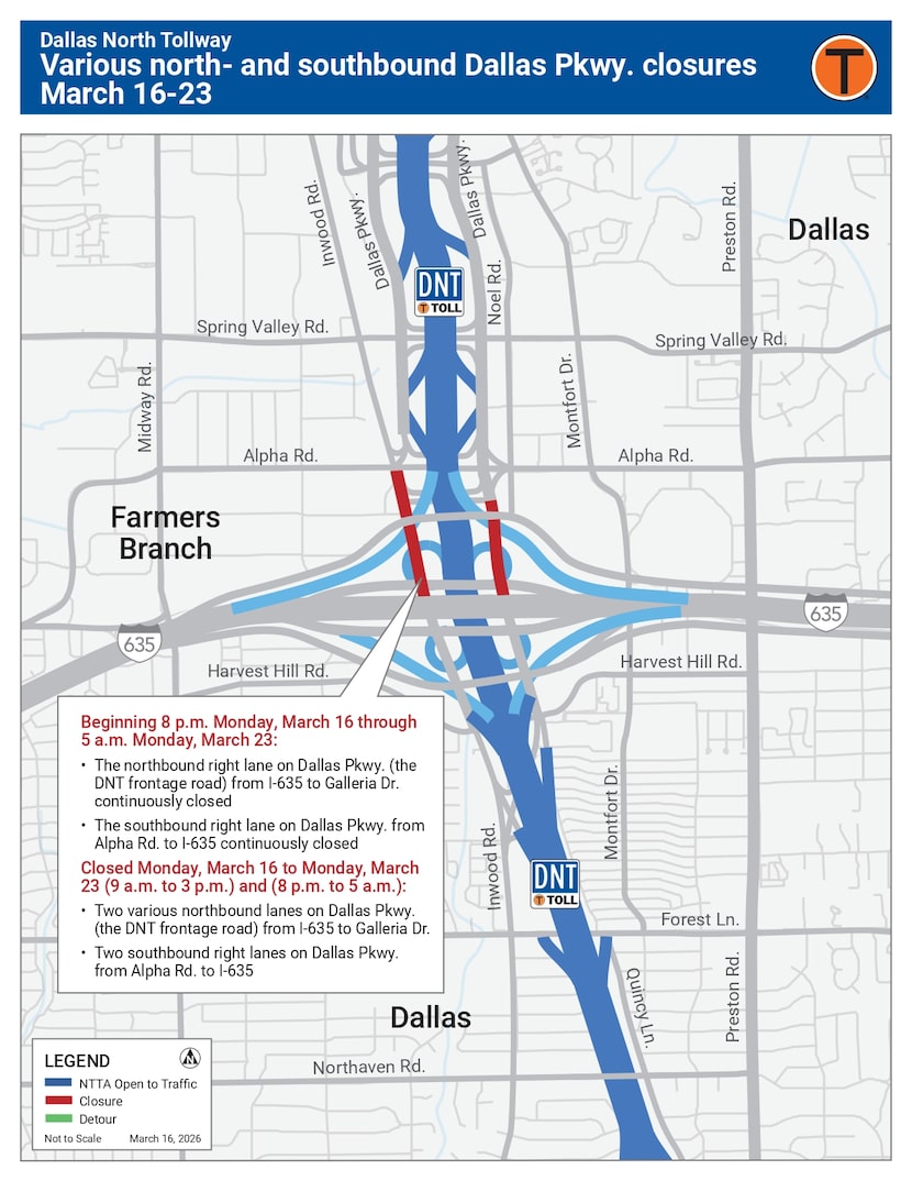 Various northbound and southbound lanes will be closed on Dallas Parkway.