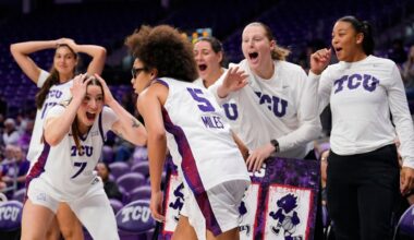 TCU's Marta Suarez (7) and the rest of the bench react after guard Olivia Miles (5) sunk a three-pointer in the second half of an NCAA women's basketball game against Arkansas Pine Bluff in Fort Worth, Texas, Tuesday, Dec. 16, 2025. (AP Photo/Tony Gutierrez)