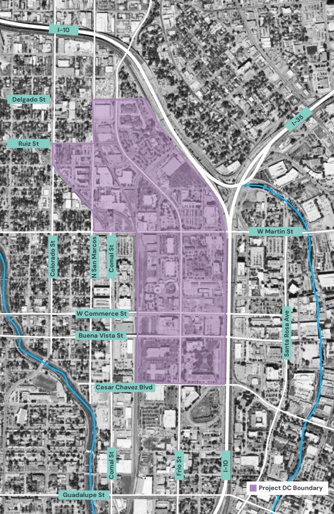 An aerial view of the Project DC area shows the district's boundary. It sits between Interstate 10 and railroad tracks with another portion of the district west of the railroad tracks south of Ruiz Street and north of West Martin Street. Cesar Chavez Boulevard is the district's southern edge.