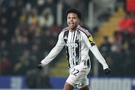 Juventus' Weston McKennie celebrates after scoring his side's second goal during the Serie A...
