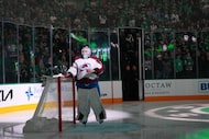 Colorado Avalanche goaltender MacKenzie Blackwood looks on prior to an NHL hockey game...
