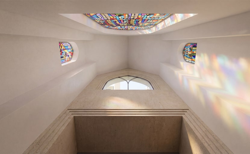 An artist rendering of the stained glass tower off of the new lobby area on the south side...