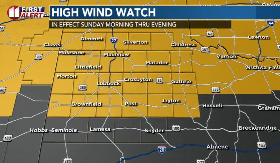 High winds of 30 to 40 mph and gusts of more than 50 mph are expected throughout Sunday