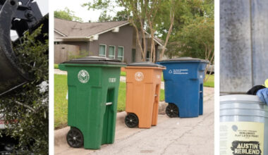 Collage showing Austin Resource Recovery staff, collection vehicles, and colorful curbside bins.