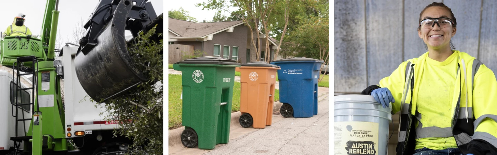 Collage showing Austin Resource Recovery staff, collection vehicles, and colorful curbside bins.