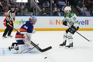 New York Islanders goaltender Ilya Sorokin (30) stops a shot by Dallas Stars' Sam Steel (18)...