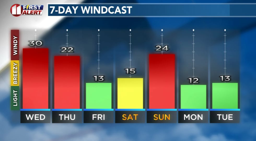 Forecast peak sustained winds are shown in this graph. Peak gusts will exceed the values shown...
