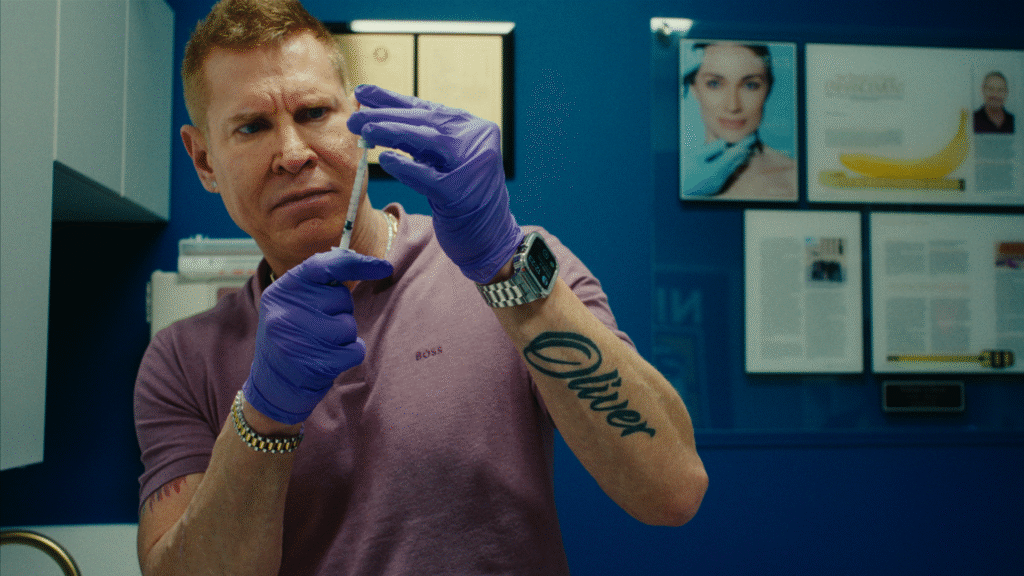 A man wearing gloves prepares a syringe in a still image from the film 