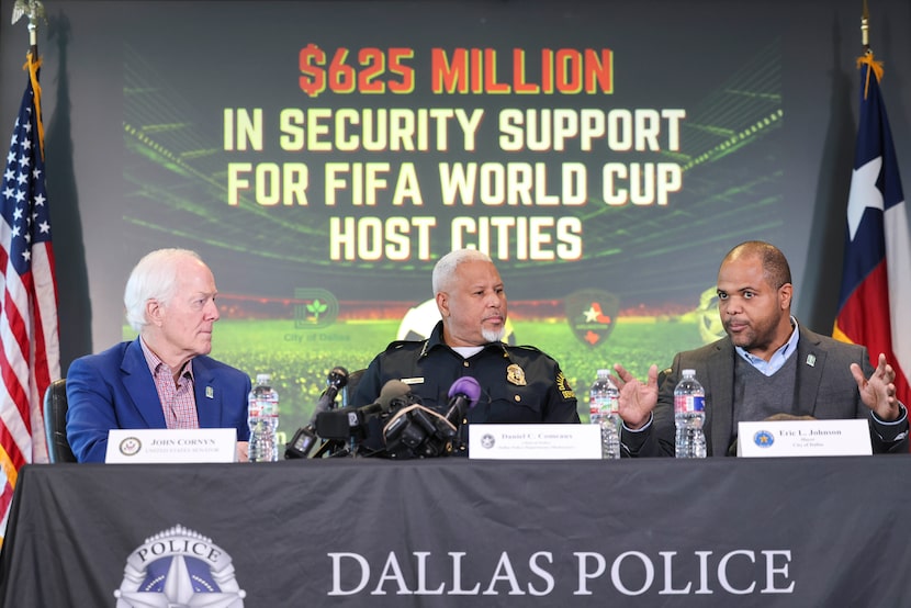 Sen. John Cornyn, R-Texas, Dallas police Chief Daniel Comeaux and Dallas Mayor Eric Johnson...