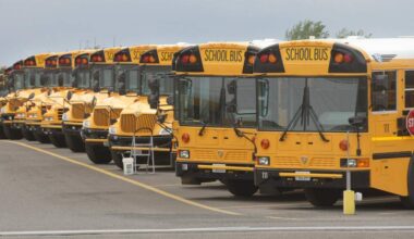 A row of school buses parked in a lot.