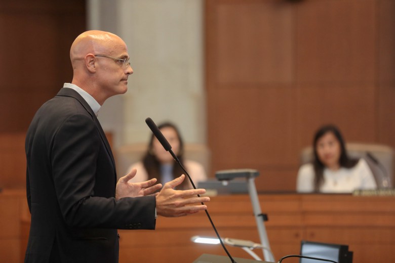Weston Urban CEO and part owner of the San Antonio Missions Randy Smith appeals to City Council to vote in favor of the development of a downtown ballpark.