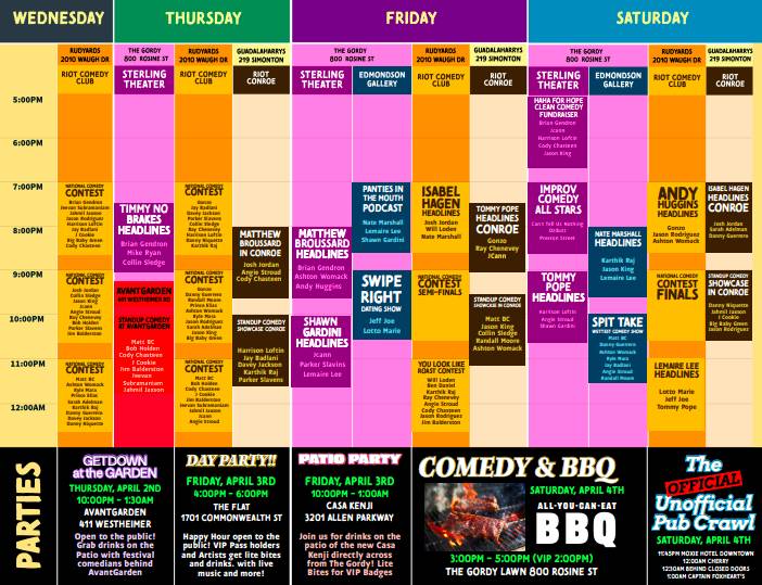 Graphic shows the schedule for the 2026 Riot Comedy Festival in Houston. 