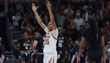 Texas forward Madison Booker (35) celebrates after her team defeated South Carolina in an NCAA college basketball game in Austin, Texas, Sunday, Feb. 9, 2025. (AP Photo/Eric Gay)