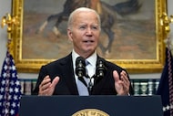 President Joe Biden speaks from the Roosevelt Room of the White House in Washington, Sunday,...