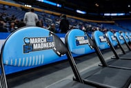 Chairs with March Madness logo are seen prior to the first round of the NCAA college...