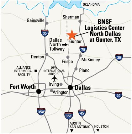 Map of Dallas-Fort Worth area showing location of new BNSF logistics center