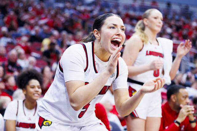 Louisville guard Rebekah Graves celebrates during a game against Pittsburgh on Jan. 11, 2026, at the KFC Yum! Center in Louisville, Ky.