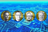 Trammell Crow Company’s Danny Queenan, Wistron’s Jeff Lin, Nvidia’s Jensen Huang and Hillwood’s Ross Perot Jr with aerial of AllianceTexas data centers